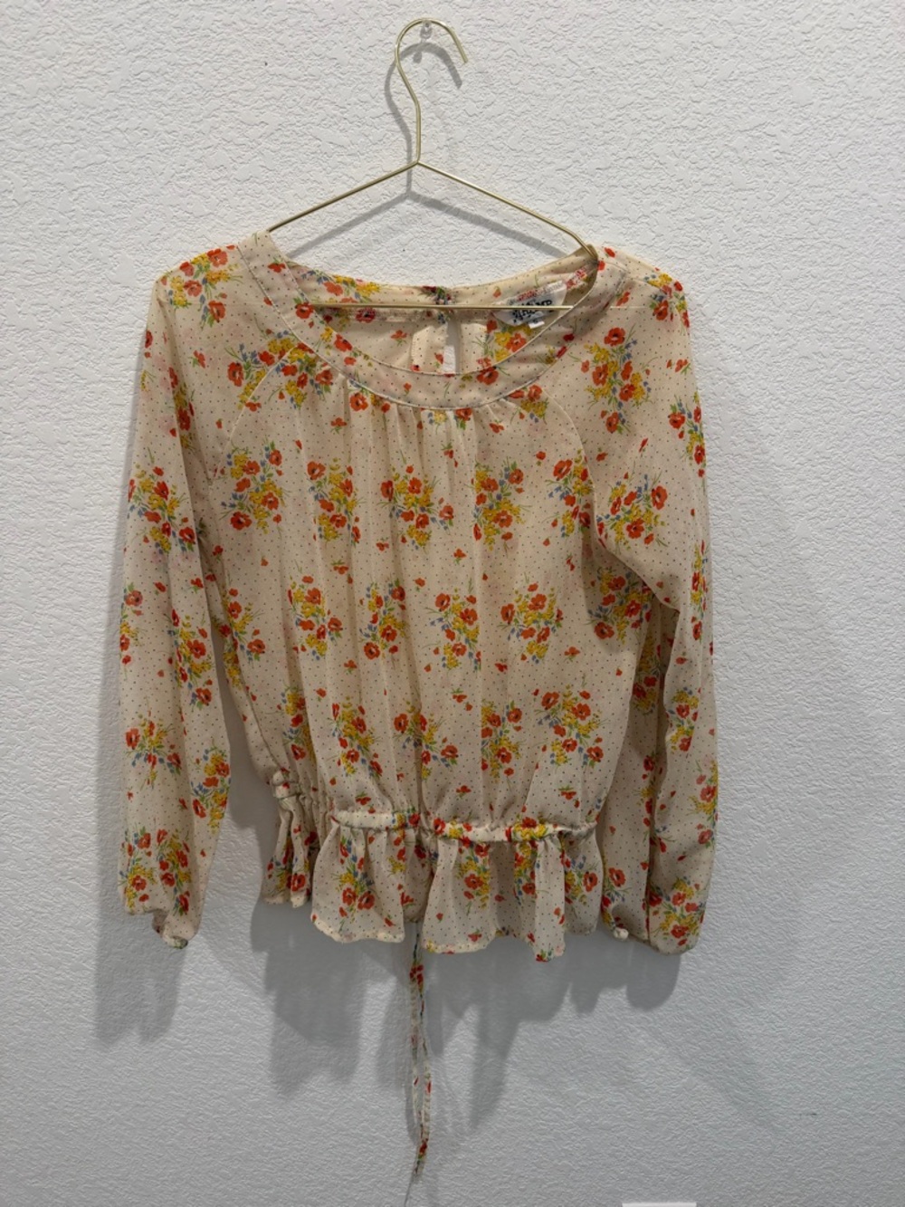 Tramp floral polka dot beige long sleeve sheer blouse top